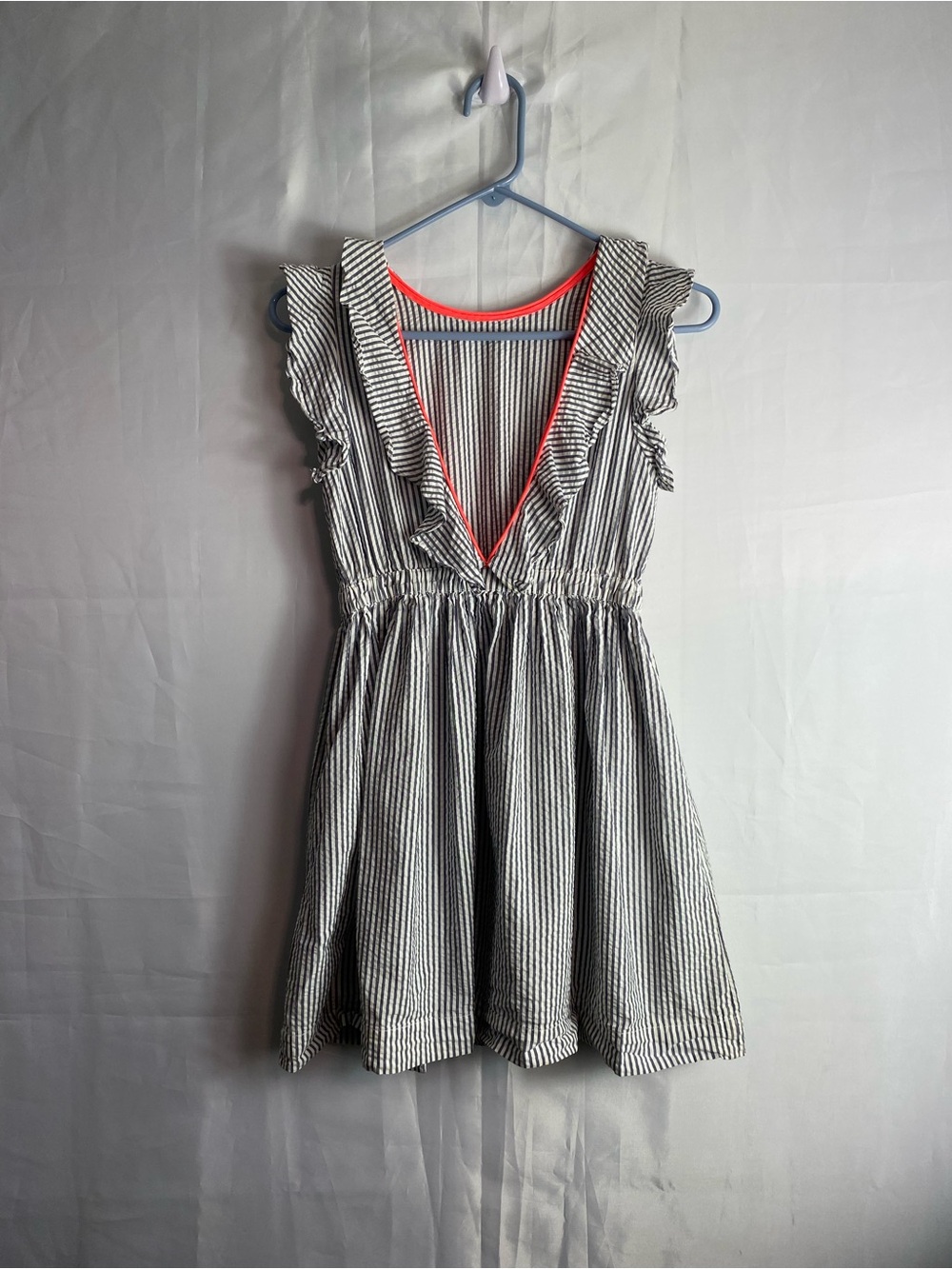 J. Crew Black & White Striped Dress with Coral Trim